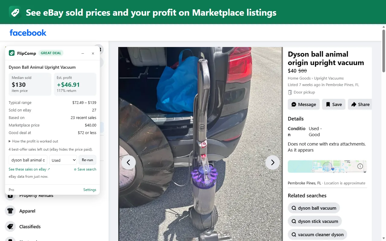 A Facebook Marketplace listing for a Dyson vacuum at $40, with the FlipComp card showing a $130 median eBay sold price, an estimated profit of $46.91 and a Great Deal score.