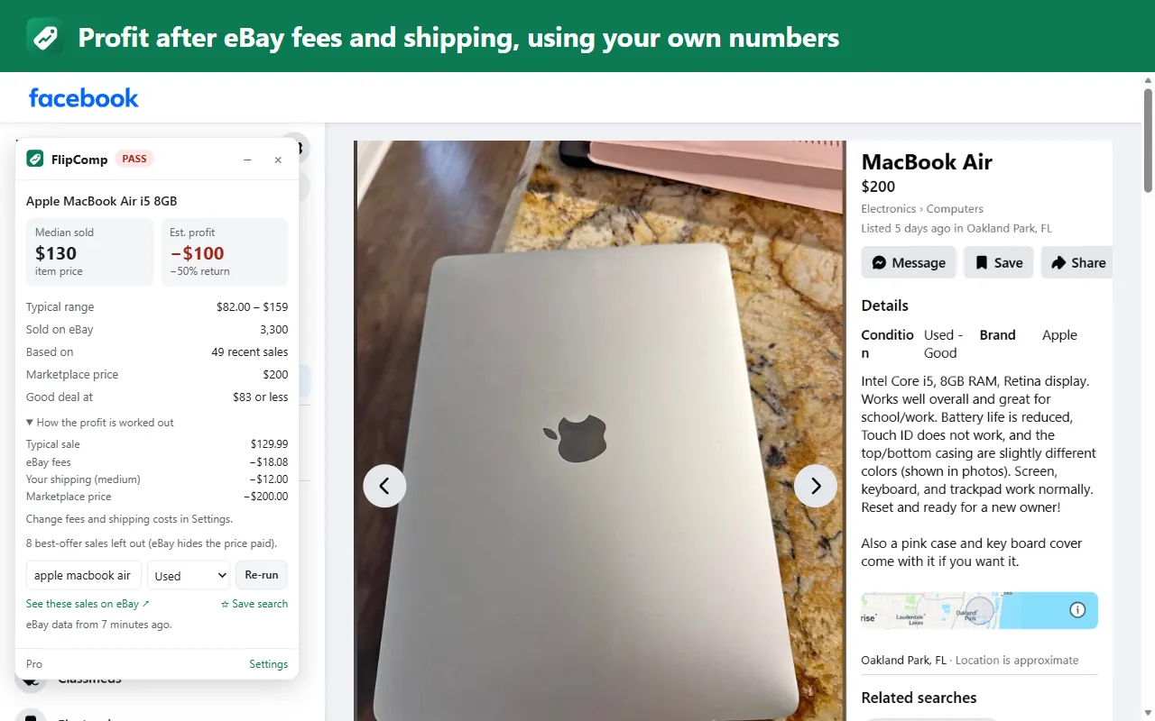 FlipComp on a $200 MacBook Air listing, scored Pass: a typical eBay sale of $129.99, minus eBay fees, shipping and the $200 price, is a $100 loss.