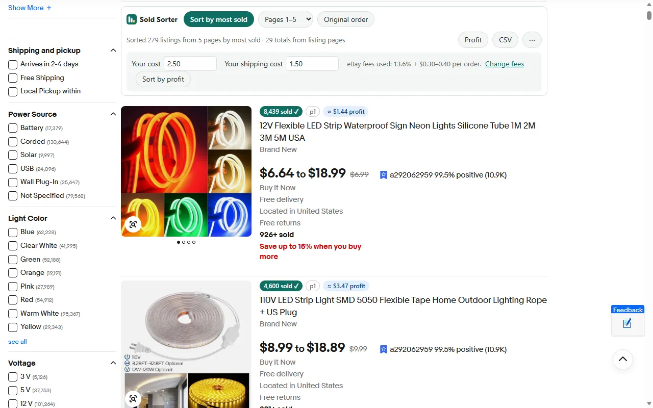 Sold Sorter Pro with five pages of LED strip light results merged, a cost and shipping cost entered, and the estimated profit after fees shown on every listing.